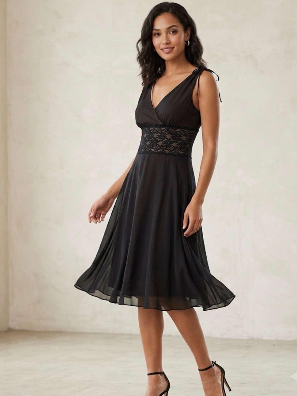 90s Nude Fit & Flare Dress Black Chiffon Overlay Lace Waist Size 10 Flowy y2k